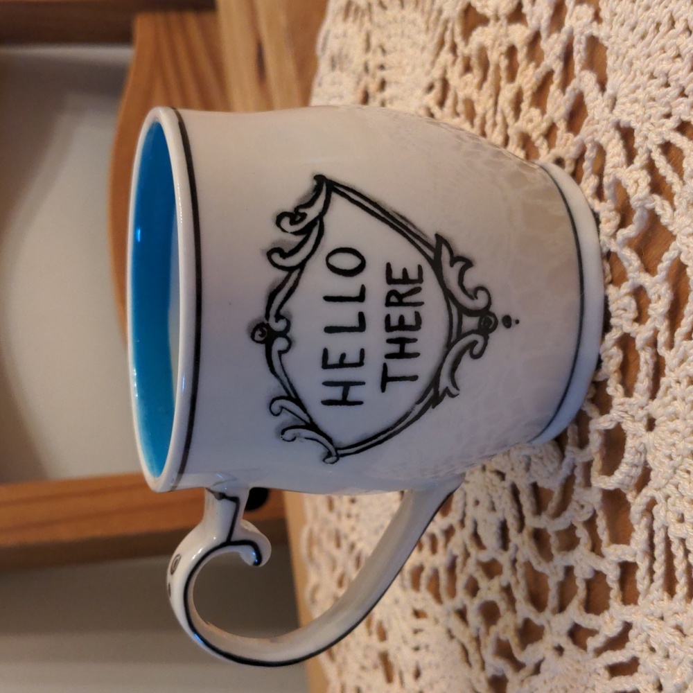 Anthropologie Molly Hatch "Hello There" Coffee Cup, Blue Striped Interior